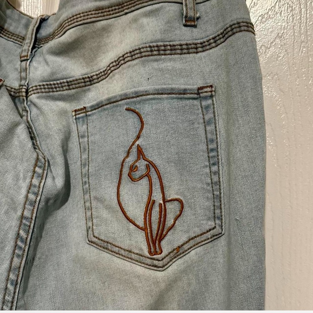 Baby Phat Flare Ripped Light Blue Jeans with Cat Embroidery